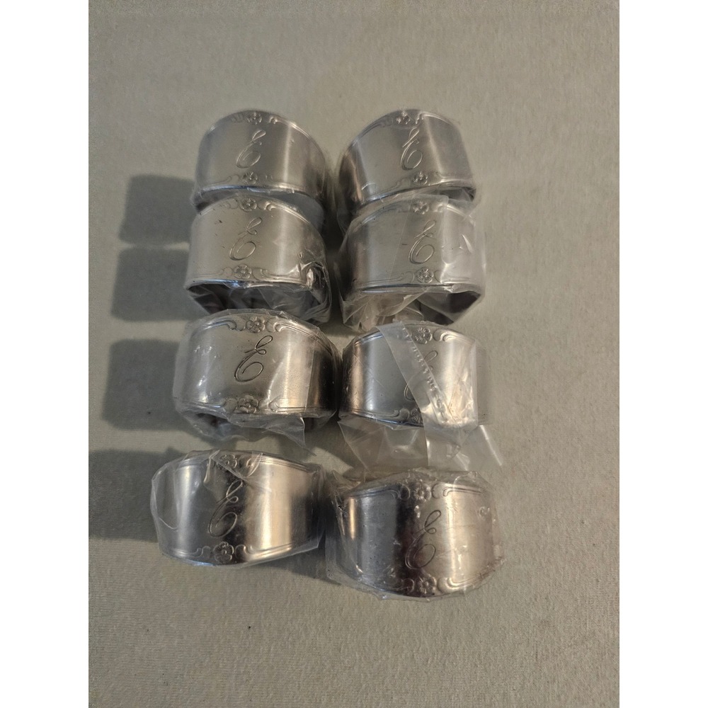 Customcraft Set Of 8 Napkin Rings Silver Stainless Monogram E Floral